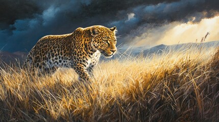 Wall Mural - A powerful leopard prowls through golden grass under a dramatic sky.