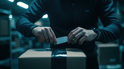 Sticker - A person sealing a package with tape in a dimly lit warehouse setting.