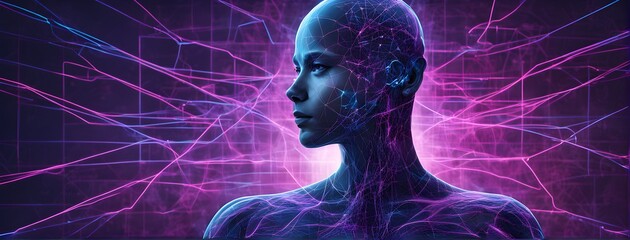 abstract representation of artificial intelligence, with neural network patterns glowing in neon blues and purples