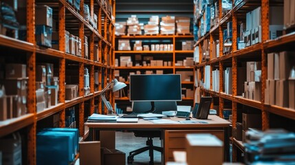 Wall Mural - A workspace in a warehouse filled with boxes and a computer setup for organization.