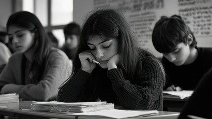 Sticker - A focused student in a classroom, surrounded by peers, engaged in study or examination.