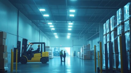 Sticker - Warehouse interior with a forklift and workers discussing logistics.