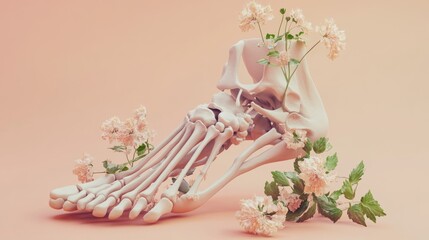 Wall Mural - A stylized human foot skeleton surrounded by flowers on a soft pastel background.