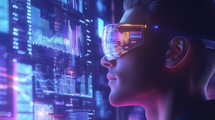 Canvas Print - A person wearing futuristic glasses, engaged with digital data and analytics.