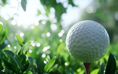 Golf ball on tee in green grass with sunlight.