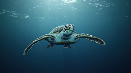 Canvas Print - A sea turtle gracefully swimming underwater in a serene ocean environment.