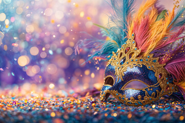 Colorful carnival mask adorned with feathers and gold details