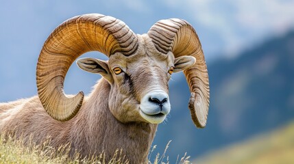 Wall Mural - A close-up of a bighorn sheep with impressive curled horns in a natural setting.