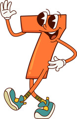 Poster - Cartoon groovy number seven character. Isolated vector playful and funky 7 figure with big round eyes, a cheerful smile, and distinctive seven-shaped orange body. Mathematics numeric kid personage