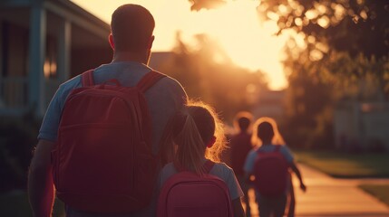 Sticker - A parent and children walking home during sunset, symbolizing family and togetherness.