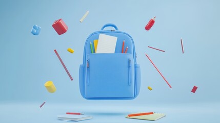 Poster - A blue backpack surrounded by various school supplies in a vibrant setting.