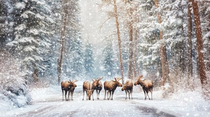 Canvas Print - A serene winter scene featuring a group of moose in a snowy forest.