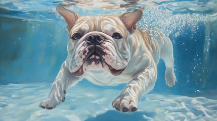 Sticker - A playful dog swimming underwater, showcasing its joyful expression and vibrant surroundings.