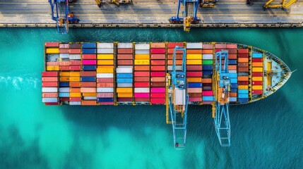 Sticker - Aerial view of a cargo ship loaded with colorful containers in a port.