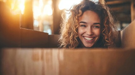 Wall Mural - A joyful young woman smiles from inside a cardboard box, surrounded by warm sunlight.