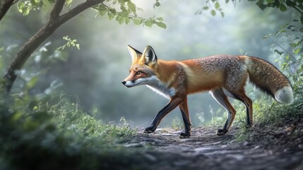 Wall Mural - A fox walking through a serene forest path, surrounded by soft light and greenery.