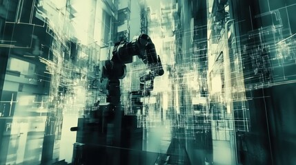 Canvas Print - A futuristic robotic arm amidst a digital landscape, symbolizing advanced technology.