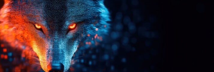 Sticker - A stylized wolf with glowing eyes against a dark, digital background.