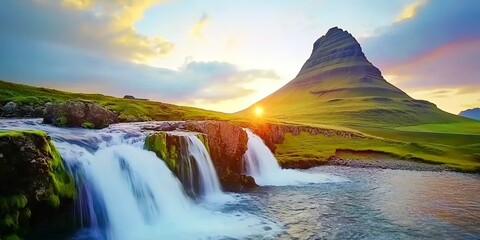 Wall Mural - Kirkjufell at sunrise in Iceland. Beautiful landscape and sunrise.