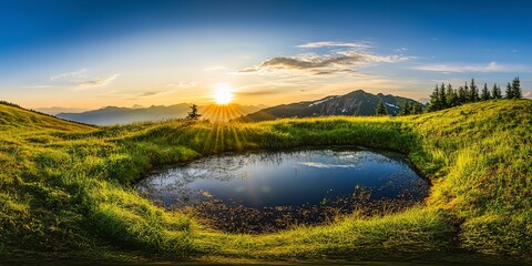 Poster - A tranquil sunset reflecting over a peaceful river and lake in a beautiful natural landscape