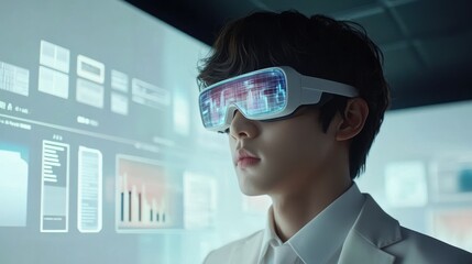 Wall Mural - A person wearing futuristic glasses interacts with digital data displays.