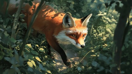 Poster - A realistic depiction of a fox navigating through dense foliage in a natural setting.