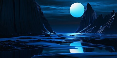 Poster - Futuristic night landscape with abstract landscape and island, moonlight, shine. Dark natural scene with reflection of light in the water, neon blue light. Dark neon background. 3D illustration 