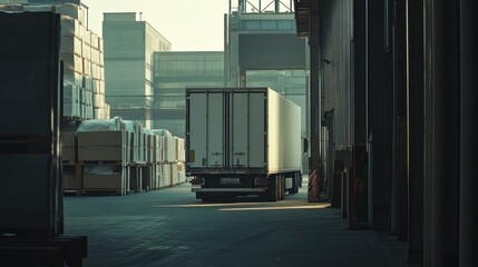 Poster - A delivery truck parked in an industrial area surrounded by stacked pallets and buildings.