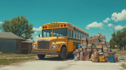 Sticker - A yellow school bus parked beside a large stack of books in an open area.