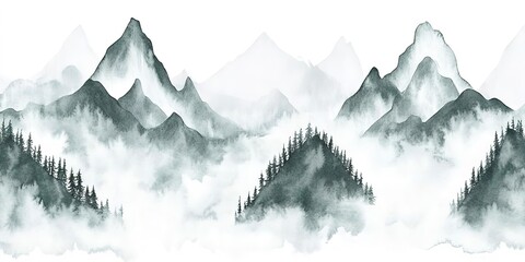 Sticker - Chinese style classical traditional ink landscape painting. Watercolor landscape painting of gentle mountains 