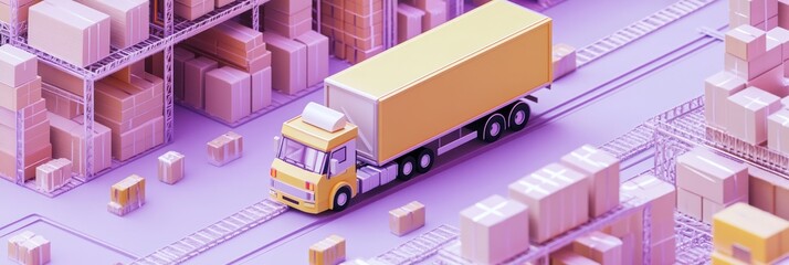 Poster - A stylized delivery truck navigating through a warehouse filled with packages.