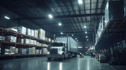 Canvas Print - A truck is unloading goods in a spacious warehouse filled with stacked pallets.