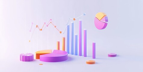 Wall Mural - Colorful 3D graphs and charts representing data analysis and statistics.