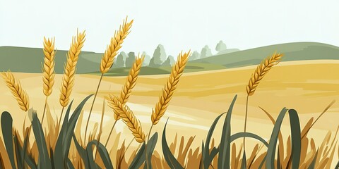 Wall Mural - big panoramic view of landscape of wheat field, ears and yellow and green hills  