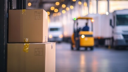 Sticker - A warehouse scene with stacked boxes and a forklift in operation.