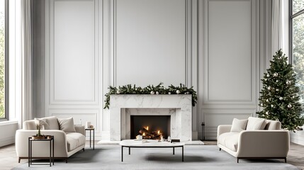 A stylish living room featuring a marble fireplace, two modern sofas, and a festive Christmas tree. The backdrop creates a serene ambiance. Interior room Christmas Decor Concept