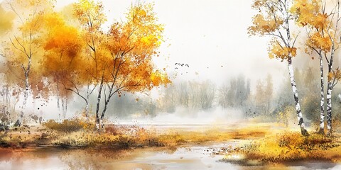 Canvas Print - Autumn landscape yellow trees birch fall colors watercolor painting illustration  