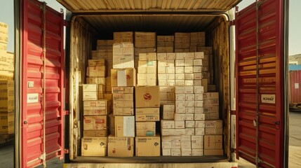 Sticker - A shipping container filled with neatly stacked boxes, ready for transport.