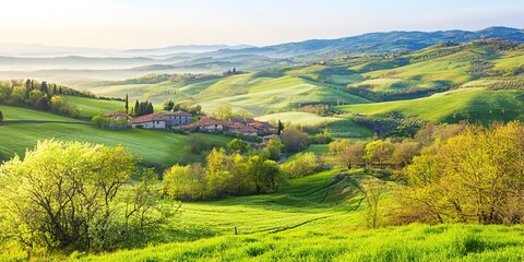 Poster - Amazing spring landscape with green rolling hills and farm houses in the heart of Tuscany in morning haze  