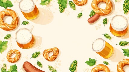 Sticker - A festive arrangement of beer, pretzels, and sausage, celebrating a culinary experience.