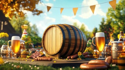 Sticker - A festive outdoor scene featuring a barrel, beer, sausages, and decorations.