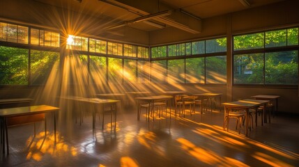 Poster - A sunlit classroom with wooden desks, creating a serene and nostalgic atmosphere.