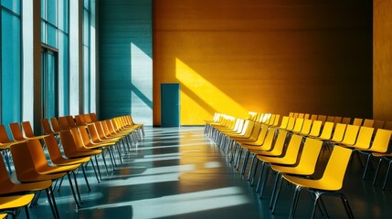 Canvas Print - A spacious room with rows of yellow chairs and warm light creating a vibrant atmosphere.