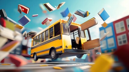 Sticker - A whimsical yellow school bus surrounded by flying books, symbolizing education and imagination.