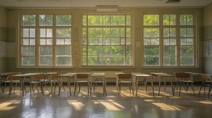 Wall Mural - A sunlit classroom with empty desks and large windows showcasing greenery outside.