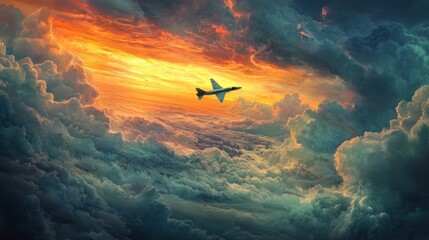 Sticker - A dramatic sky at sunset with an aircraft soaring through vibrant clouds.