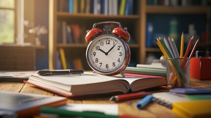 Wall Mural - A vintage alarm clock on an open book surrounded by stationery and a cozy study environment.