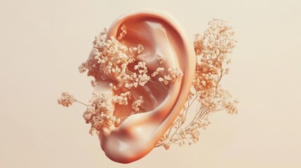 Wall Mural - A surreal ear sculpture intertwined with delicate flowers, symbolizing nature and sound.