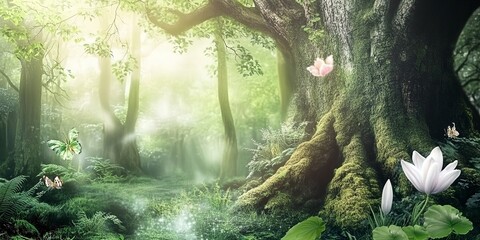 Wall Mural - a beautiful fairytale enchanted forest with big trees and great vegetation. digital painting backgro