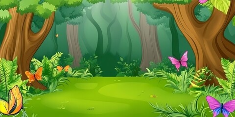 Poster - A beautiful fairy tale enchanted forest with big trees, tropical vegetation and many colorful insects 